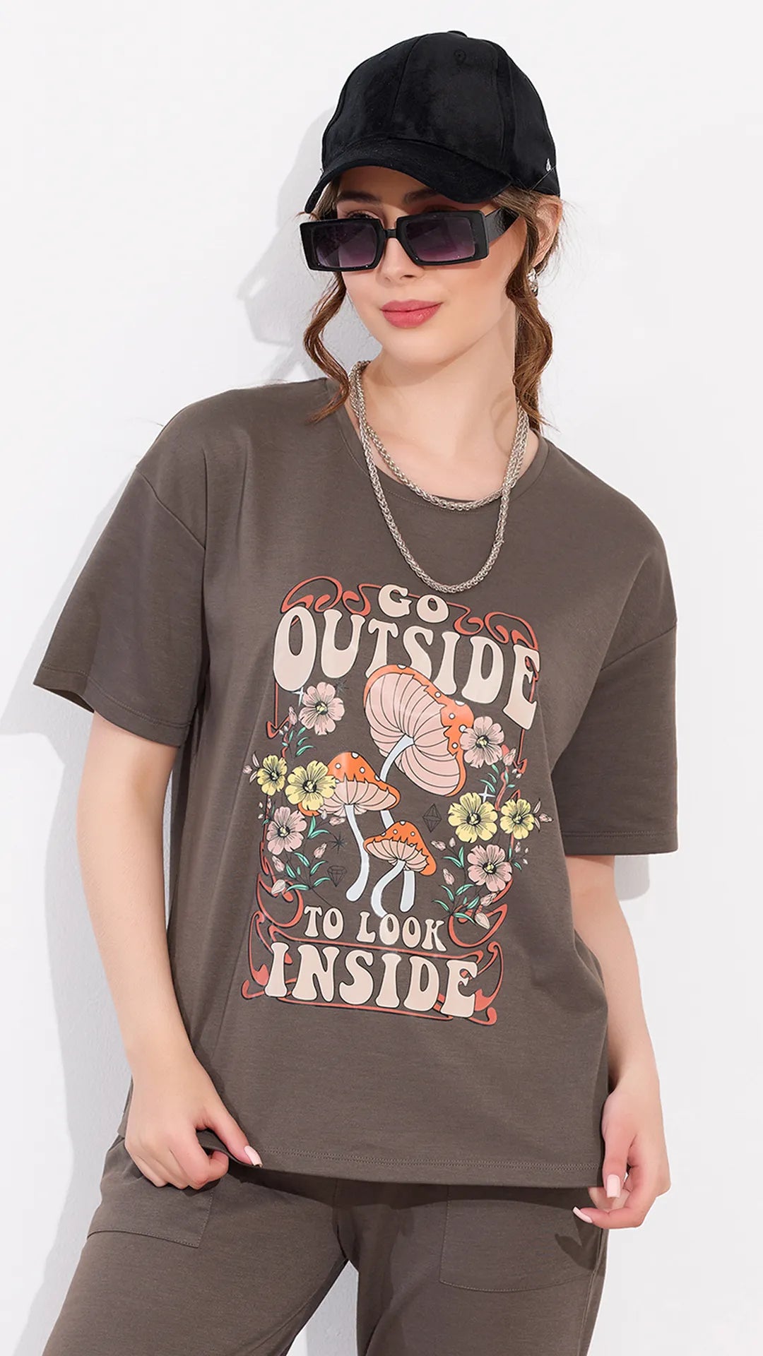Brown Printed Half Sleeves Round Neck