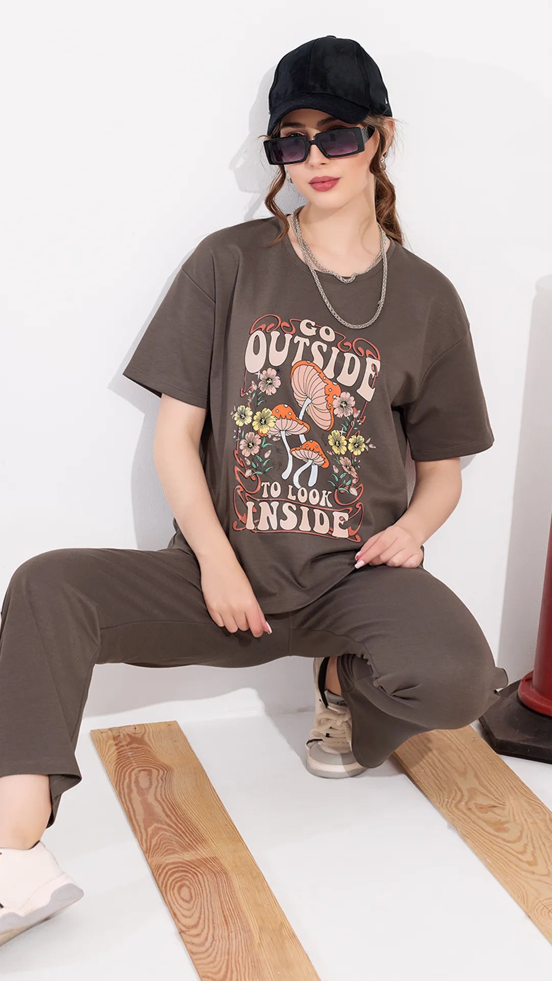 Brown Printed Half Sleeves Round Neck
