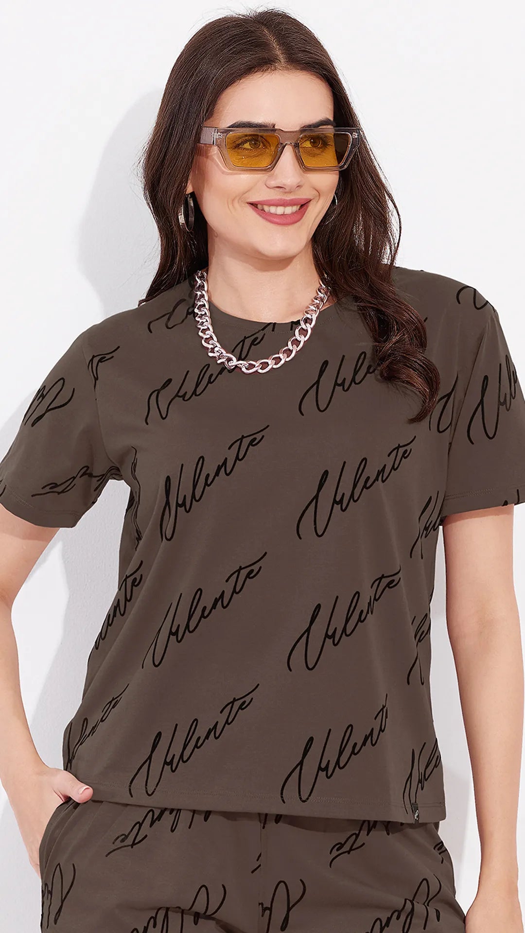 Brown Printed Half Sleeves Round Neck