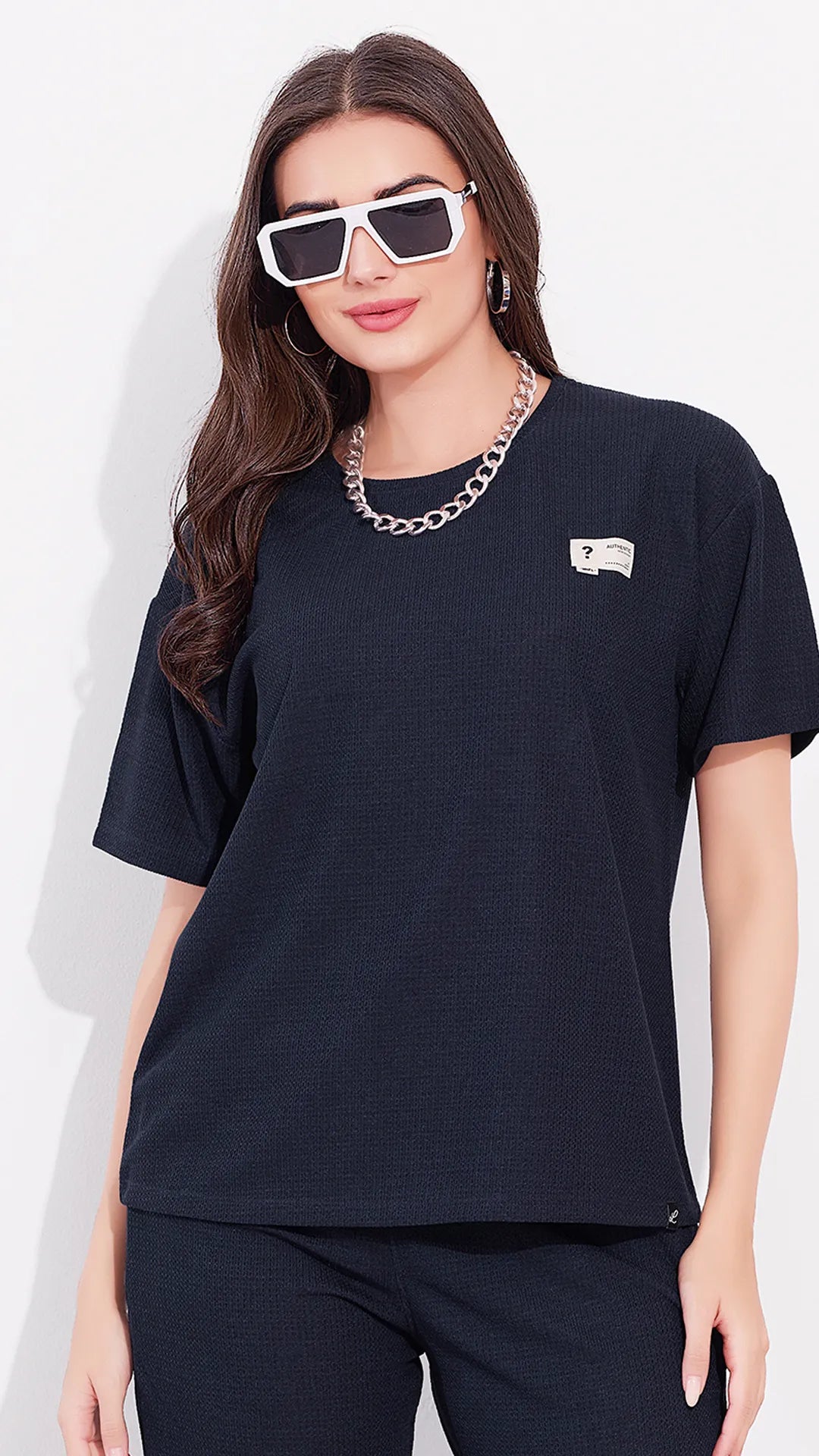 Navy Printed Half Sleeves Round Neck