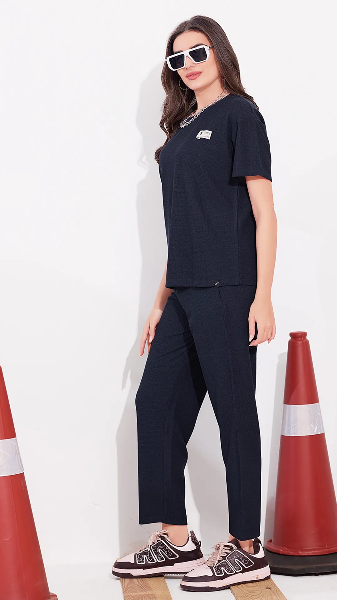 Navy Printed Half Sleeves Round Neck