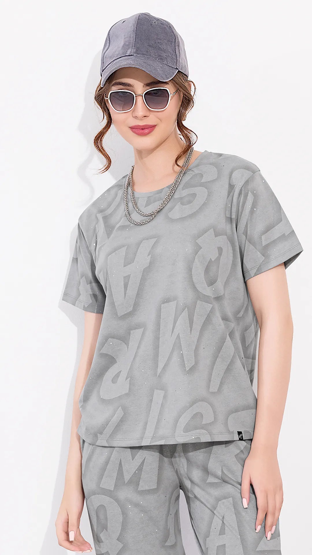 Grey Printed Half Sleeves Round Neck