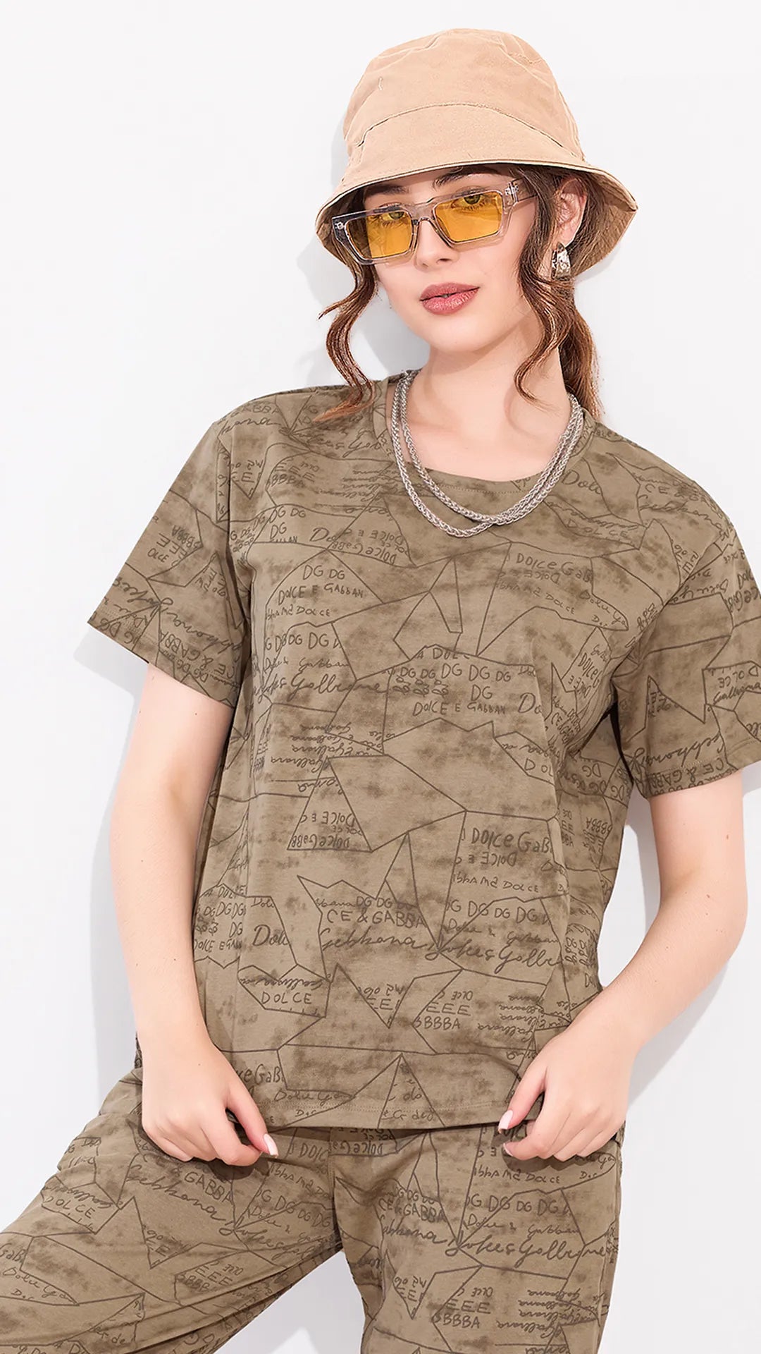 Khakhi Printed Half Sleeves Round Neck