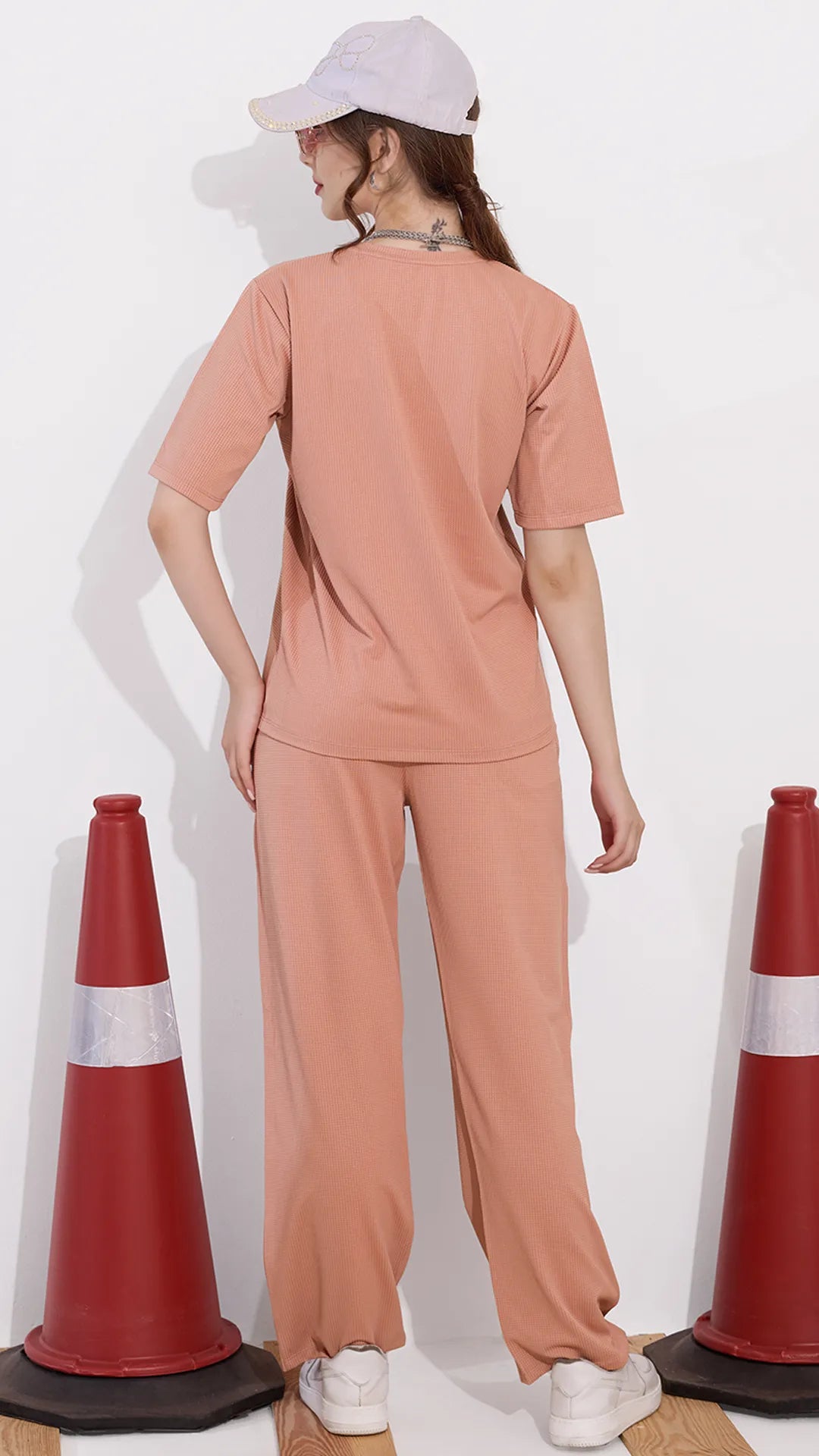 Peach Printed Half Sleeves Round Neck