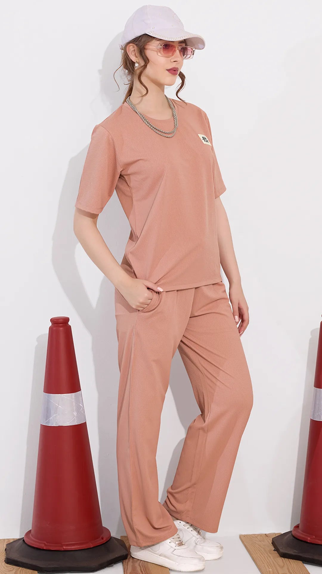Peach Printed Half Sleeves Round Neck
