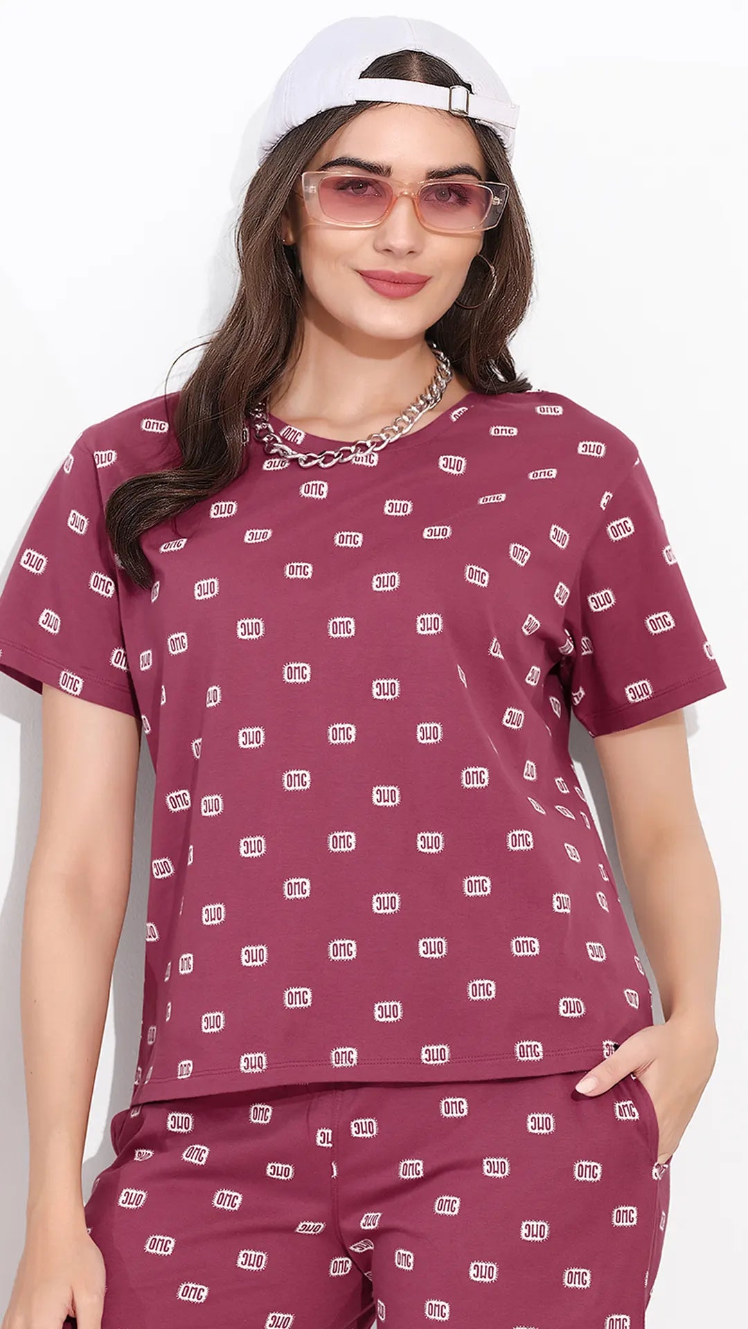 Rose Pink Printed Half Sleeves Round Neck