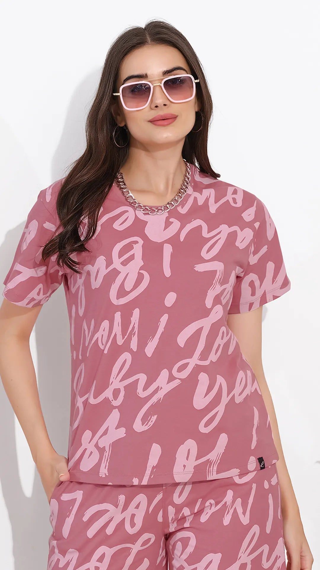 Pink Printed Half Sleeves Round Neck