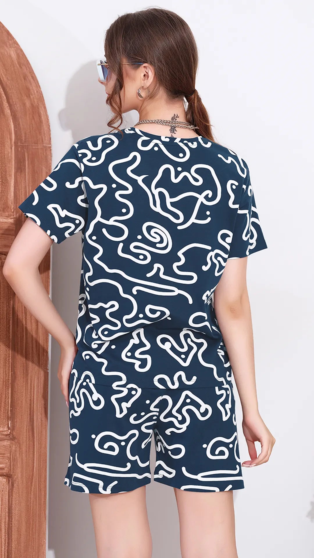 Ink Blue Printed Half Sleeves Round Neck