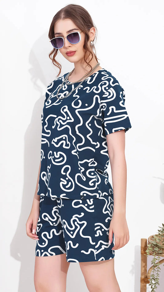 Ink Blue Printed Half Sleeves Round Neck