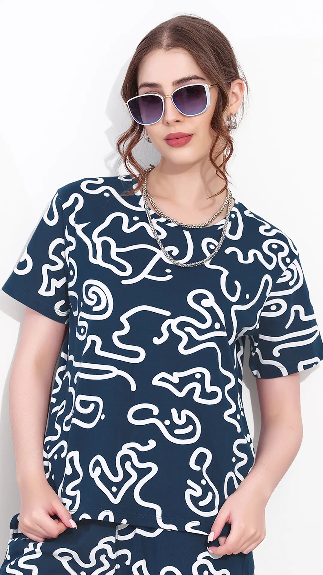 Ink Blue Printed Half Sleeves Round Neck