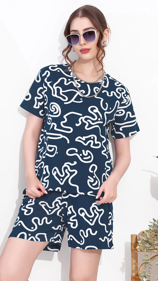 Ink Blue Printed Half Sleeves Round Neck