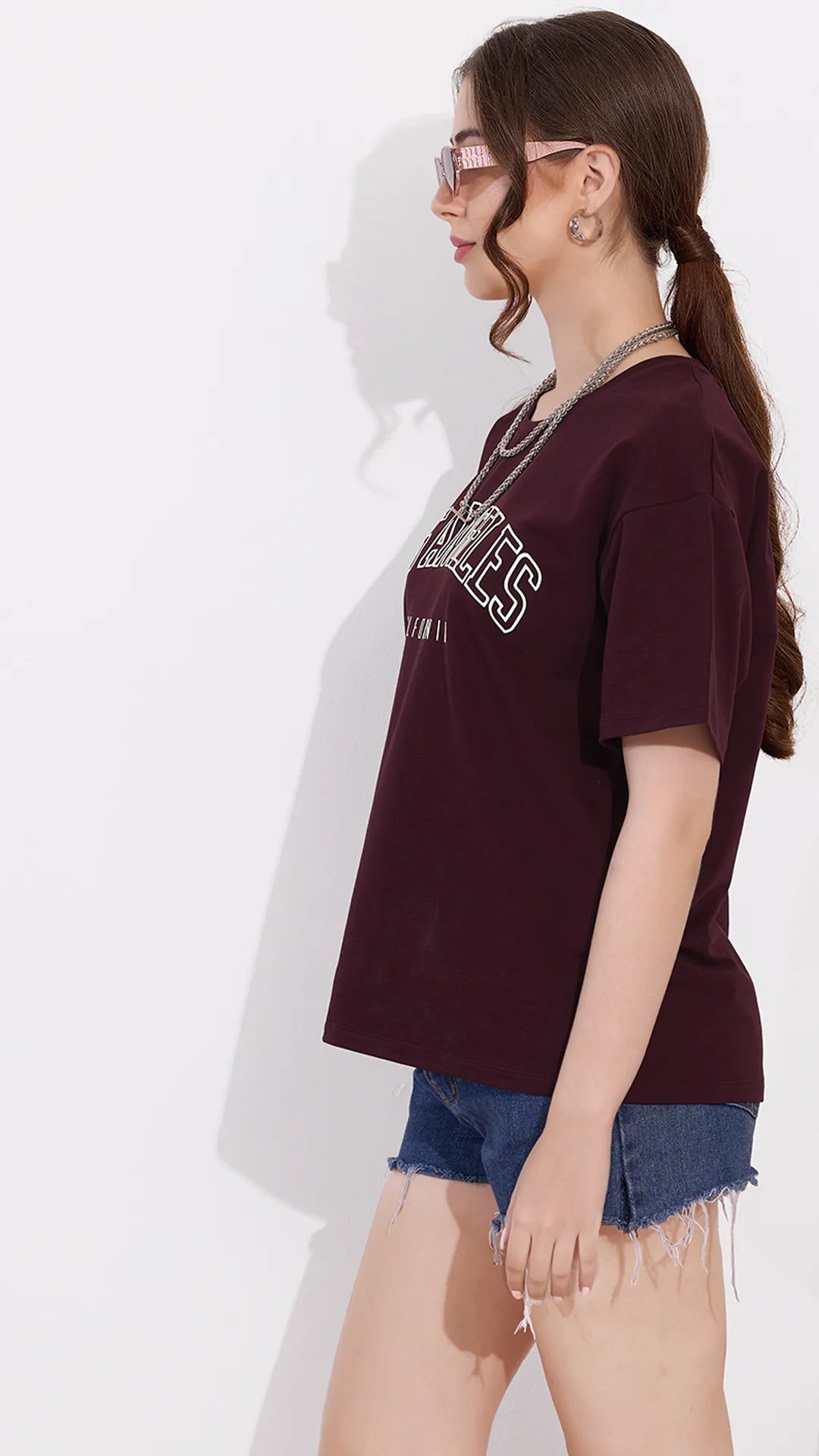 Wine Printed Half Sleeves Round Neck