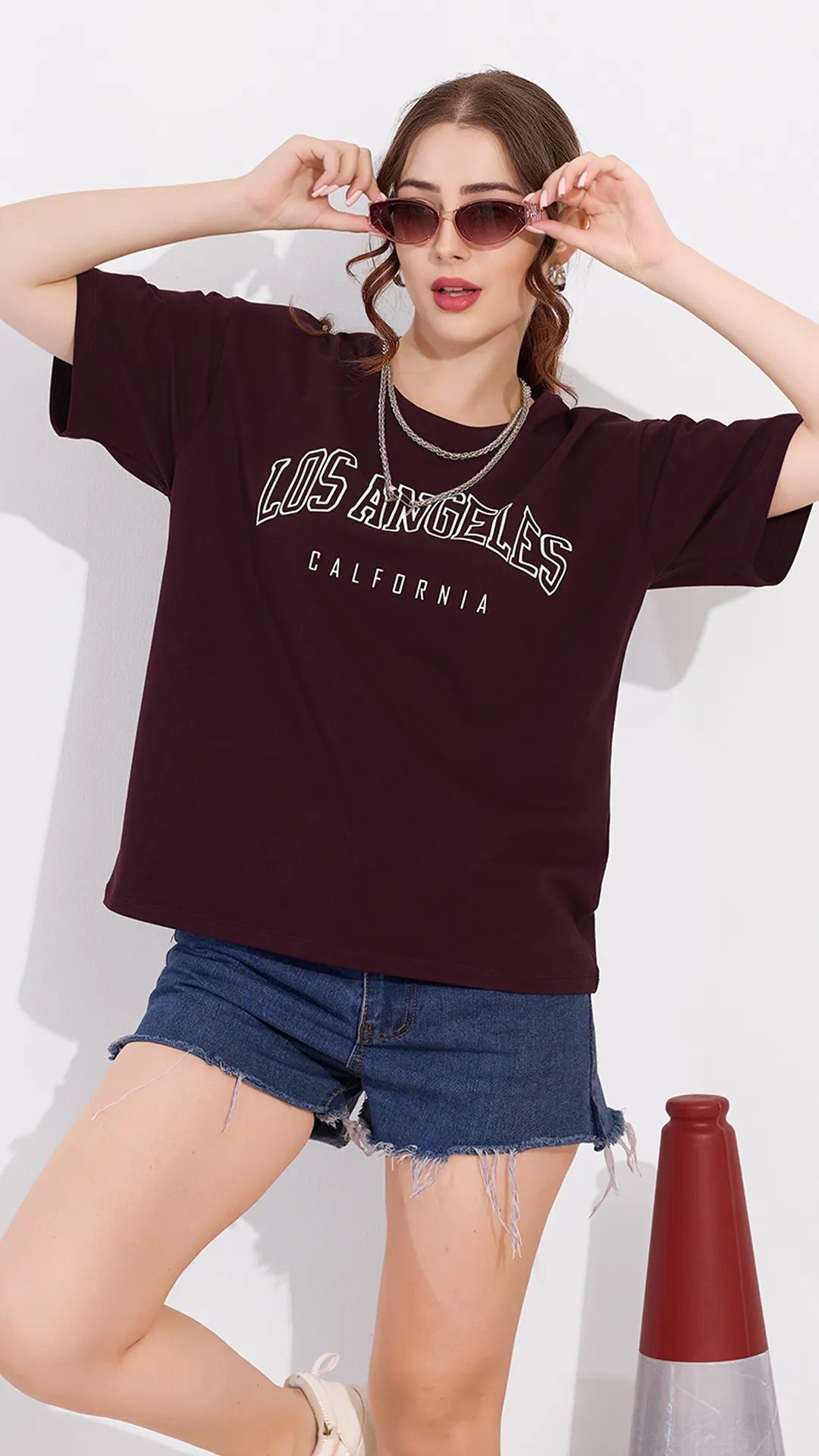 Wine Printed Half Sleeves Round Neck