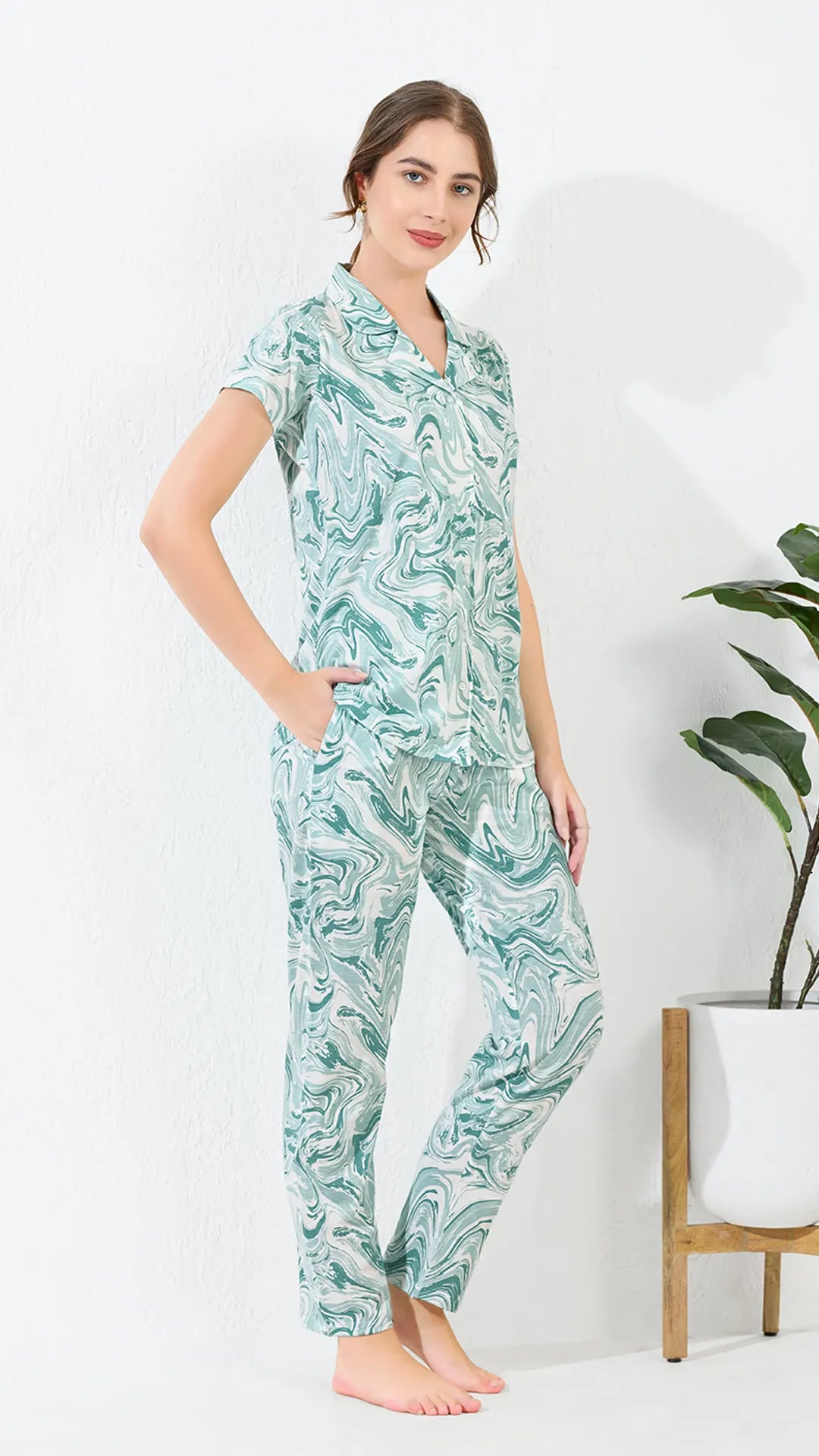Sky Blue Printed Half Sleeves Round Neck