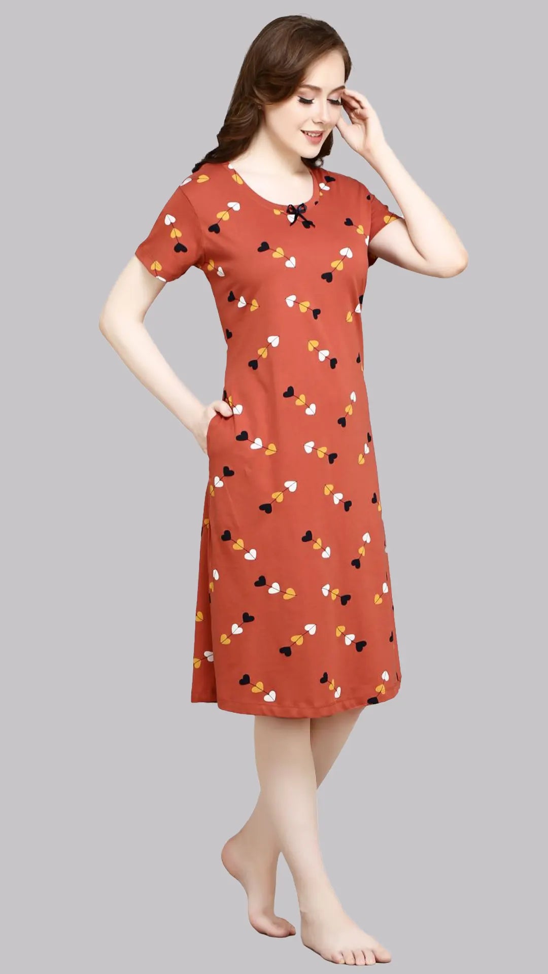 Sukanya  Women's Printed Lounge Wear Gown - Orange, Regular Fit, Ideal for Women's, Sinker Fabric, Half Sleeves, Round Neck