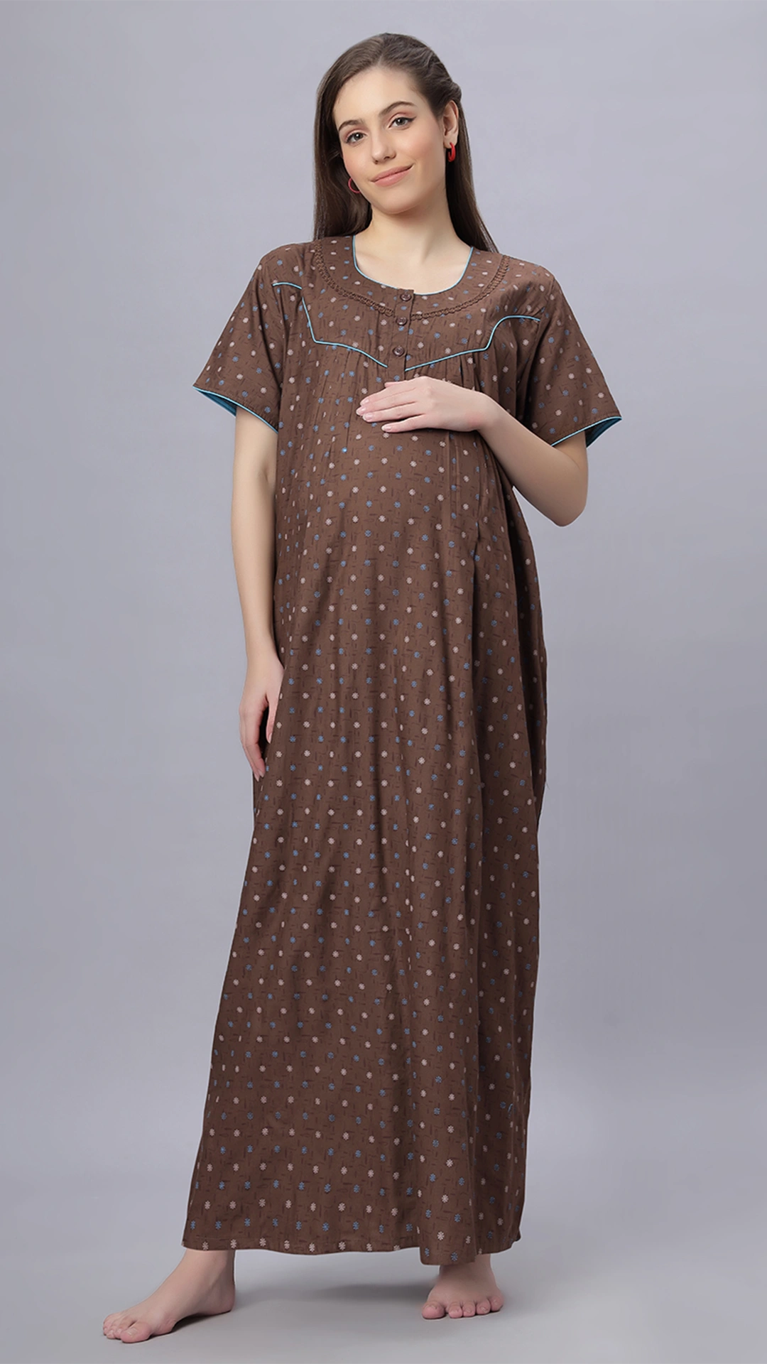 Sukanya Comfortable Women's Full Length Cotton Blend Half Sleeves Nighty, Green & Gray Soft and Elegant Print Sleepwear