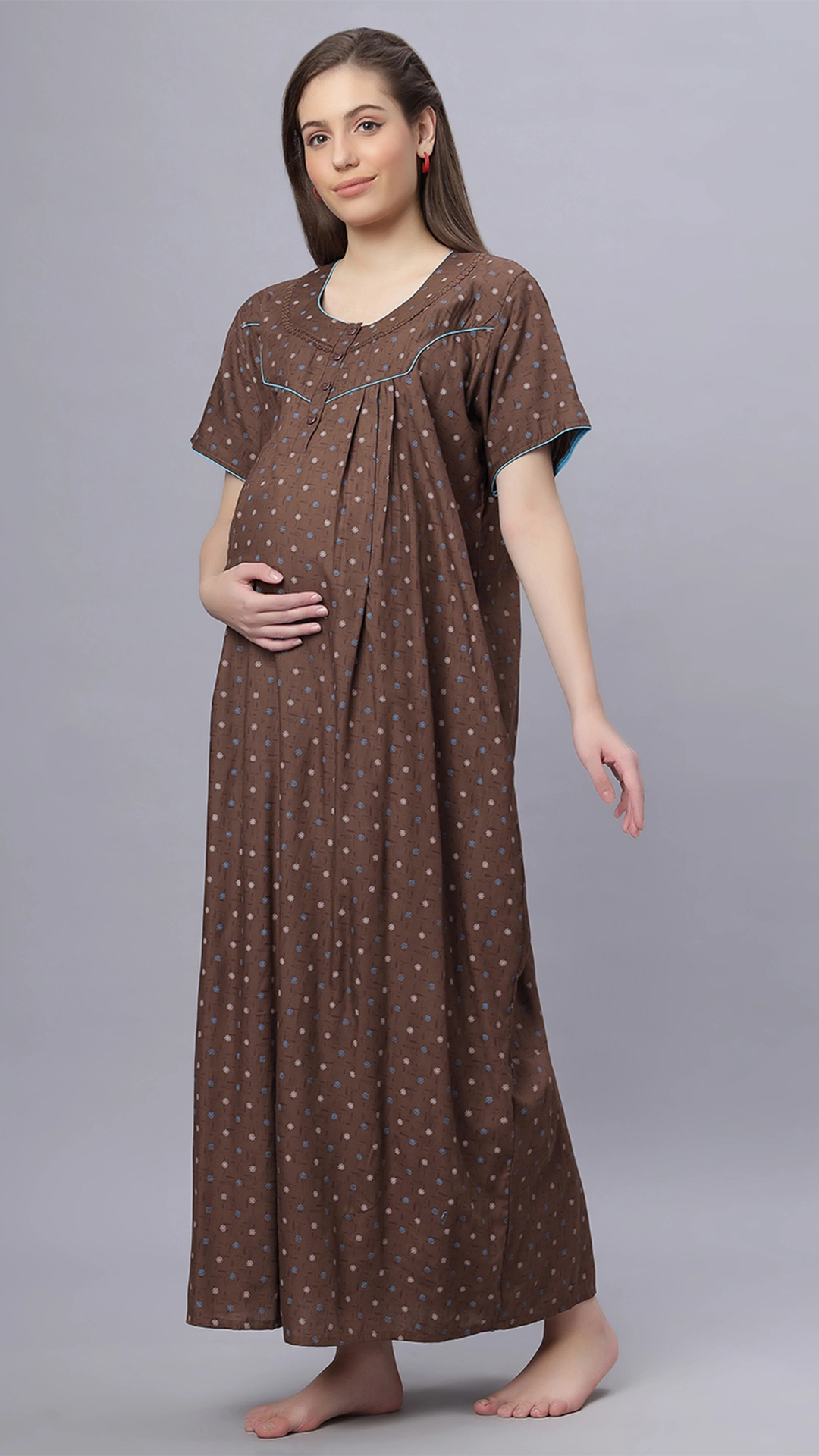 Sukanya Comfortable Women's Full Length Cotton Blend Half Sleeves Nighty, Green & Gray Soft and Elegant Print Sleepwear