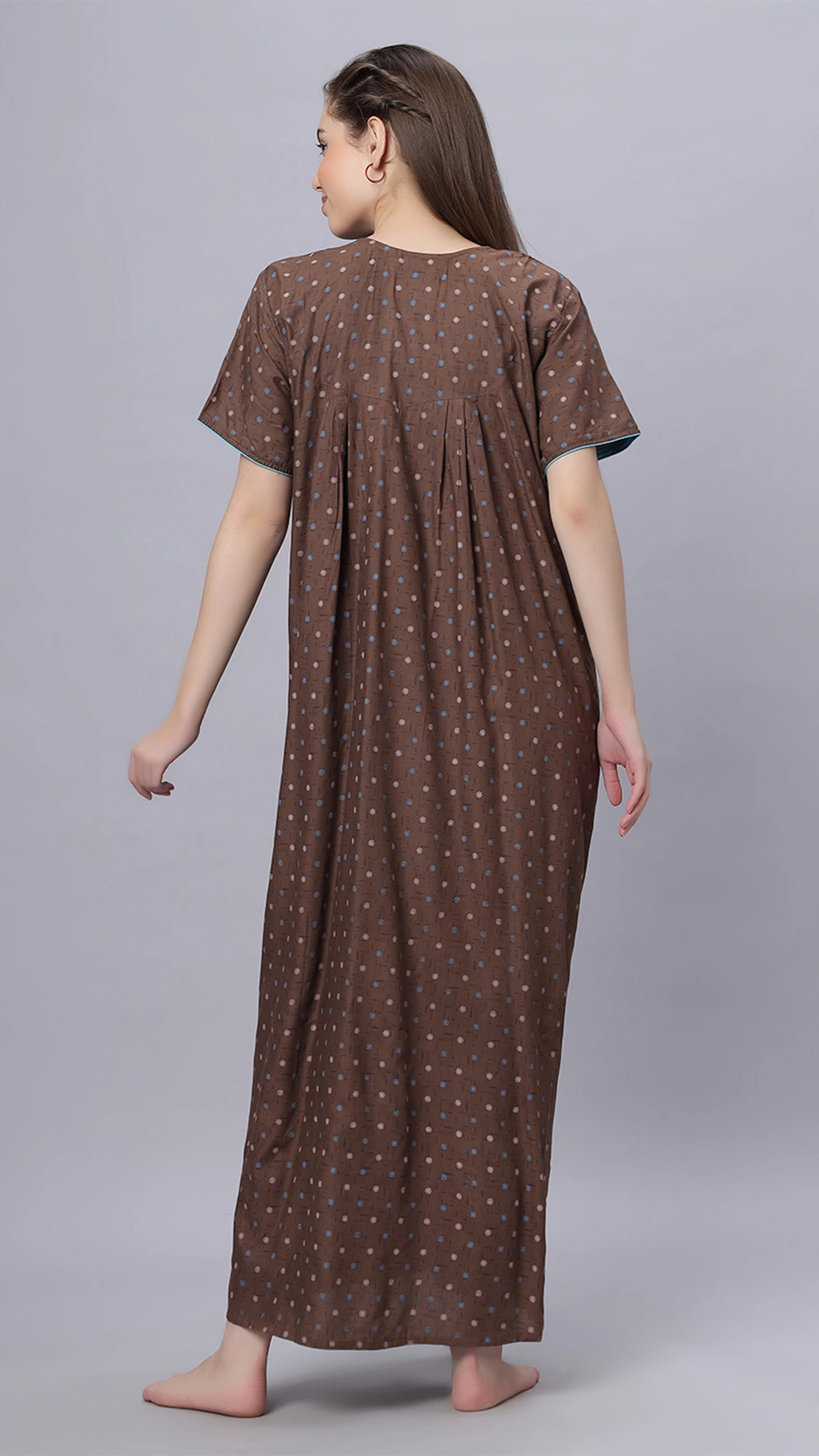 Sukanya Comfortable Women's Full Length Cotton Blend Half Sleeves Nighty, Green & Gray Soft and Elegant Print Sleepwear