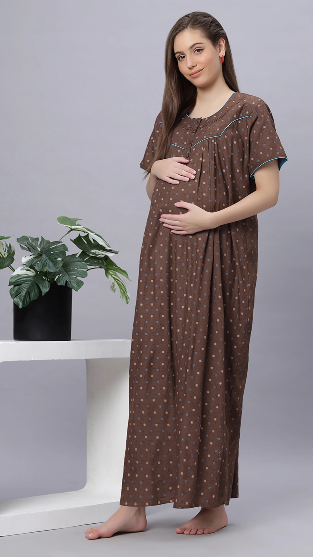 Sukanya Comfortable Women's Full Length Cotton Blend Half Sleeves Nighty, Green & Gray Soft and Elegant Print Sleepwear