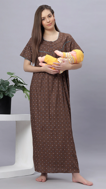 Sukanya Comfortable Women's Full Length Cotton Blend Half Sleeves Nighty, Green & Gray Soft and Elegant Print Sleepwear