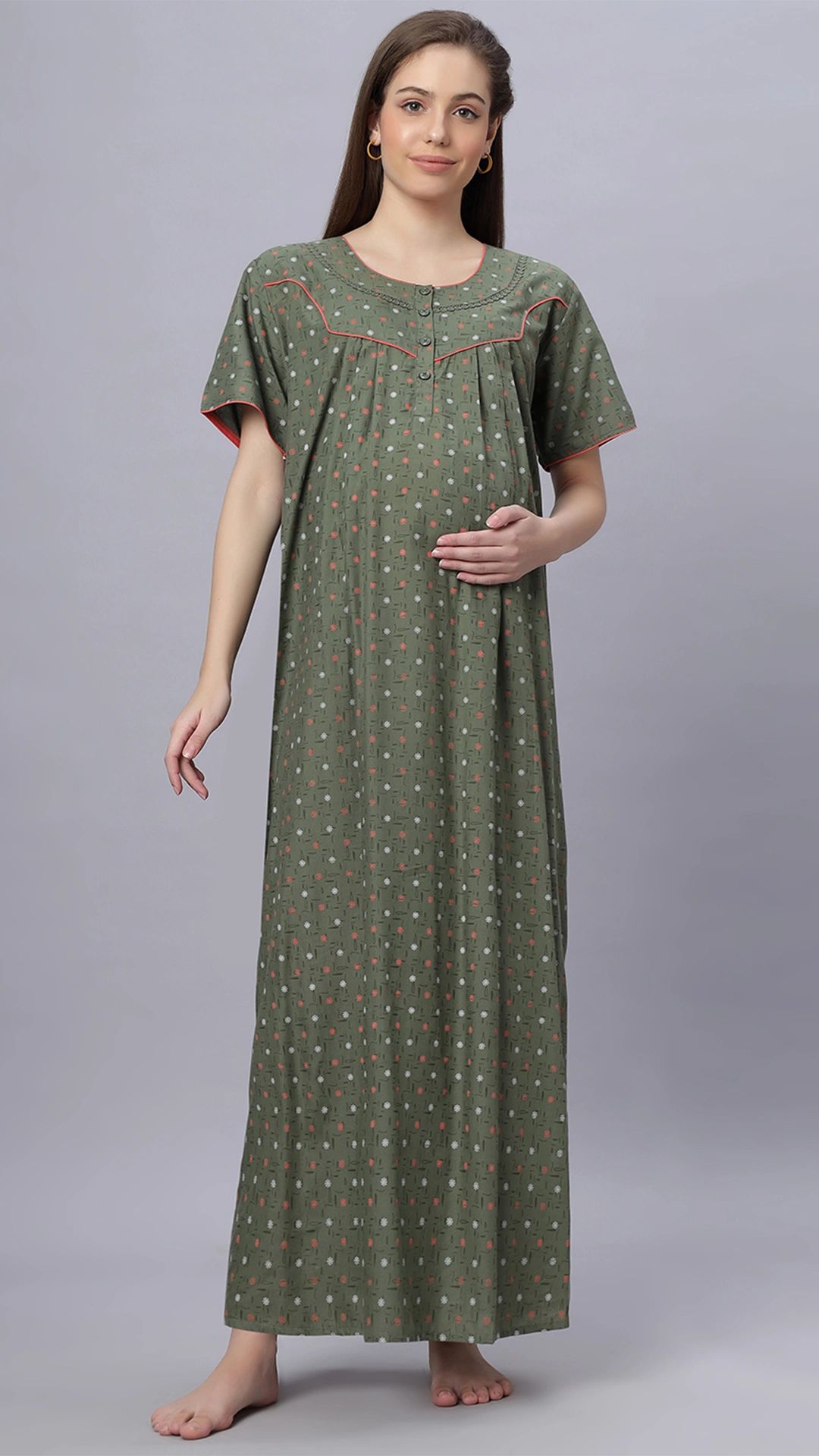 Sukanya Comfortable Women's Full Length Cotton Blend Half Sleeves Nighty, Green & Gray Soft and Elegant Print Sleepwear