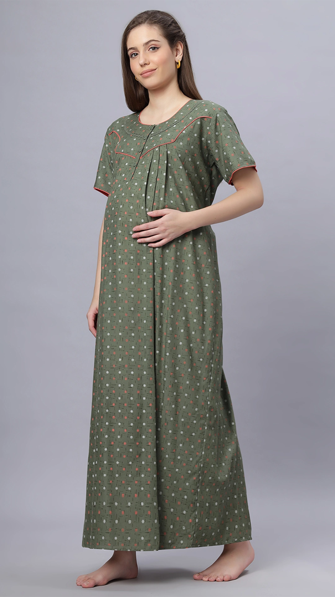 Sukanya Comfortable Women's Full Length Cotton Blend Half Sleeves Nighty, Green & Gray Soft and Elegant Print Sleepwear