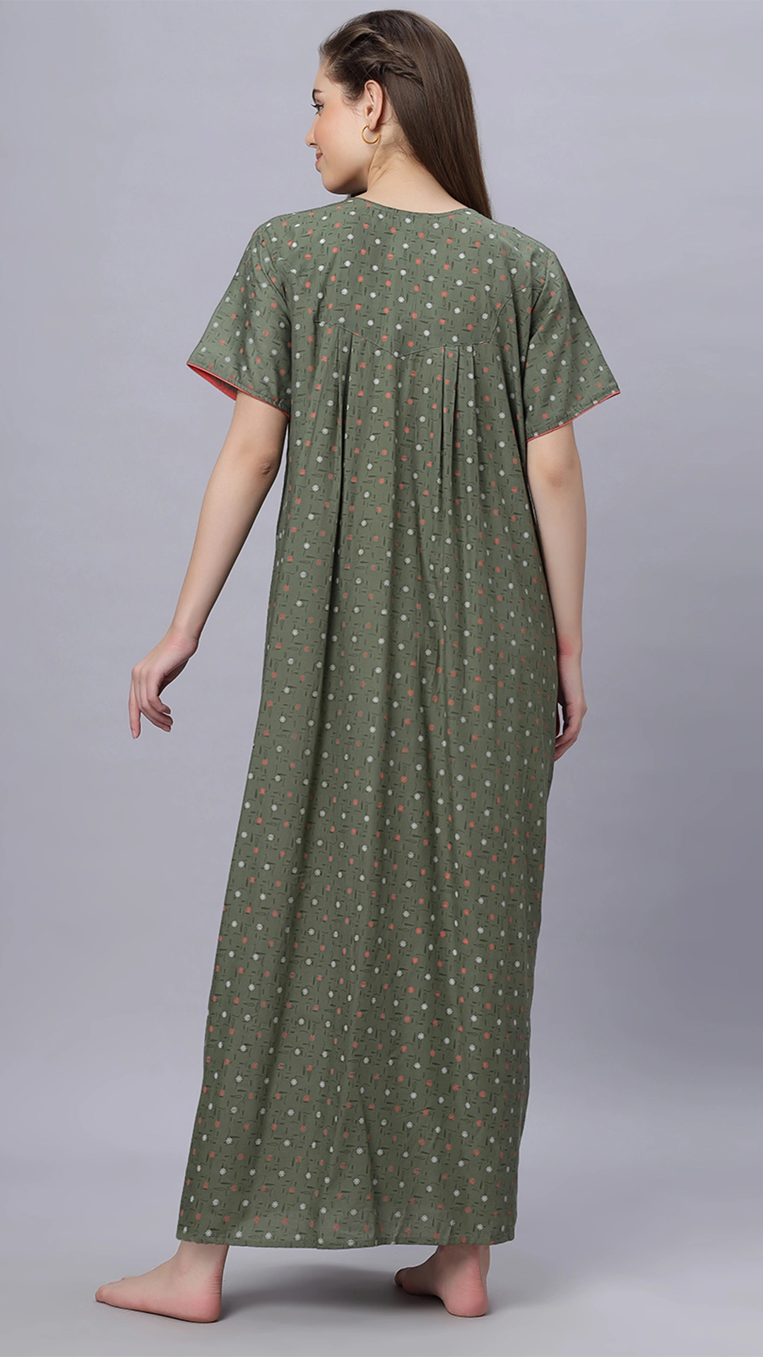 Sukanya Comfortable Women's Full Length Cotton Blend Half Sleeves Nighty, Green & Gray Soft and Elegant Print Sleepwear