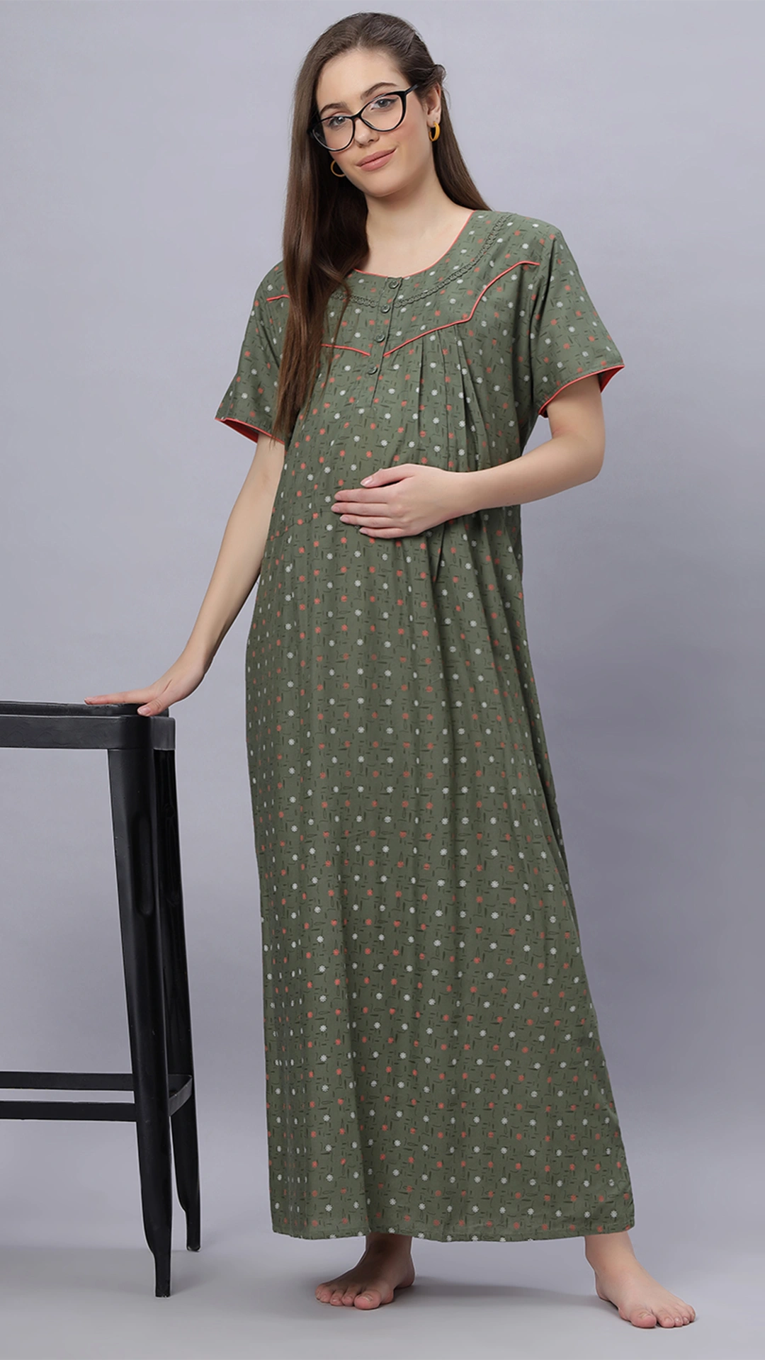 Sukanya Comfortable Women's Full Length Cotton Blend Half Sleeves Nighty, Green & Gray Soft and Elegant Print Sleepwear