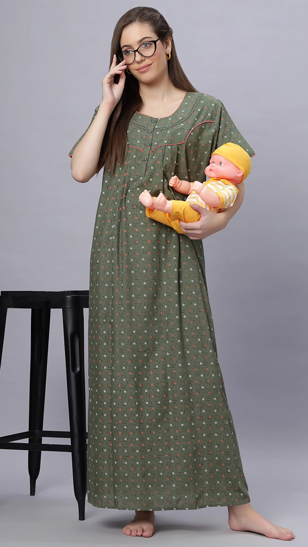 Sukanya Comfortable Women's Full Length Cotton Blend Half Sleeves Nighty, Green & Gray Soft and Elegant Print Sleepwear