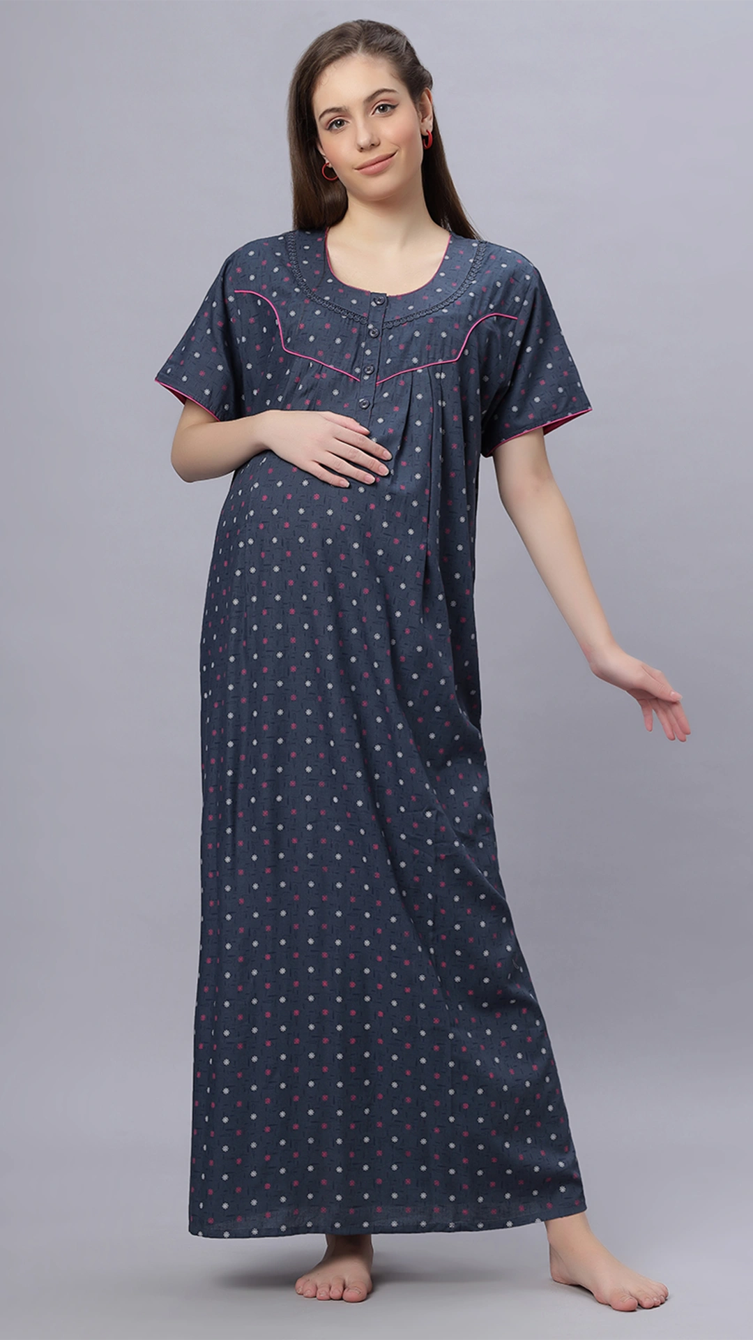Sukanya Comfortable Women's Full Length Cotton Blend Half Sleeves Nighty, Green & Gray Soft and Elegant Print Sleepwear