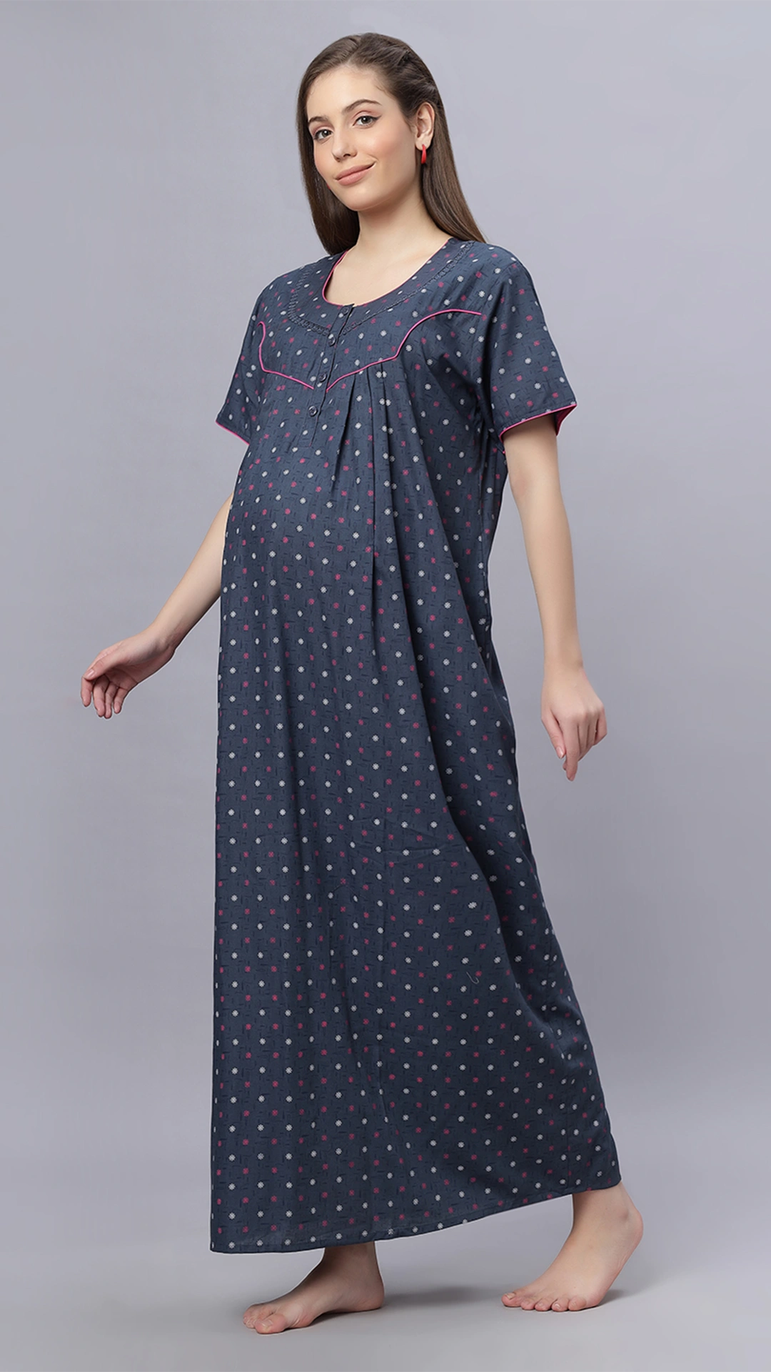 Sukanya Comfortable Women's Full Length Cotton Blend Half Sleeves Nighty, Green & Gray Soft and Elegant Print Sleepwear