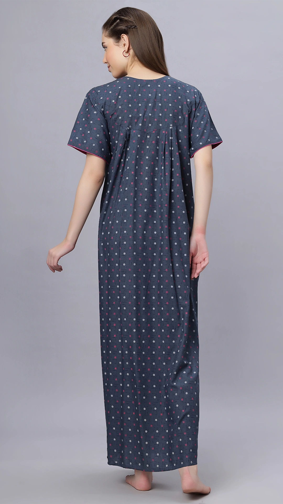 Sukanya Comfortable Women's Full Length Cotton Blend Half Sleeves Nighty, Green & Gray Soft and Elegant Print Sleepwear