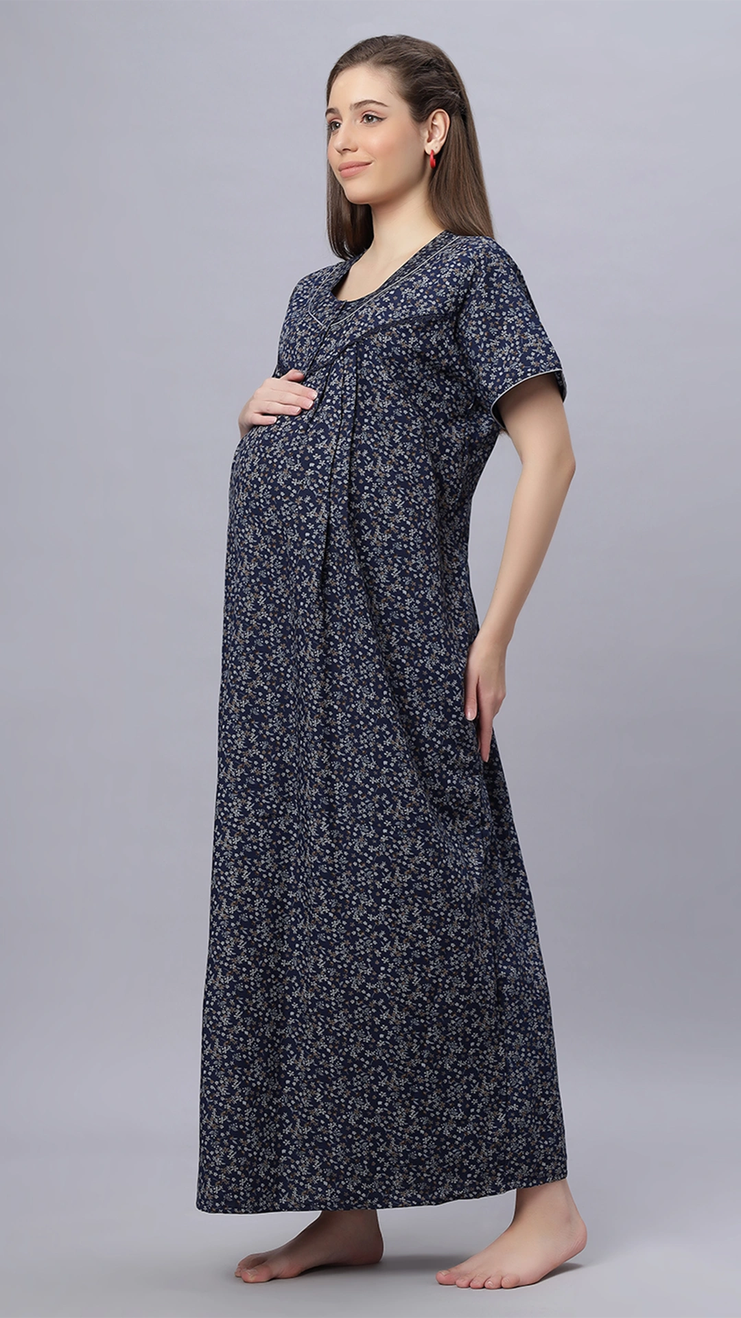 Sukanya Comfortable Women's Full Length Cotton Blend Half Sleeves Nighty, Blue, Coffee & Maroon, Soft and Elegant Print Sleepwear