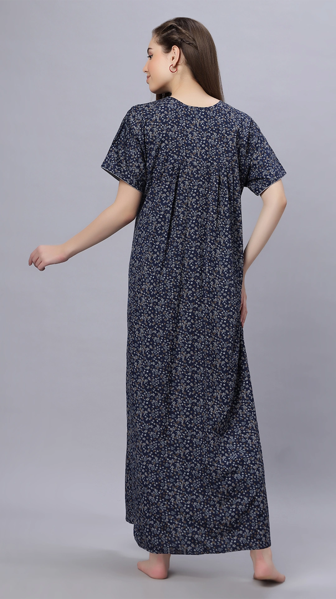 Sukanya Comfortable Women's Full Length Cotton Blend Half Sleeves Nighty, Blue, Coffee & Maroon, Soft and Elegant Print Sleepwear