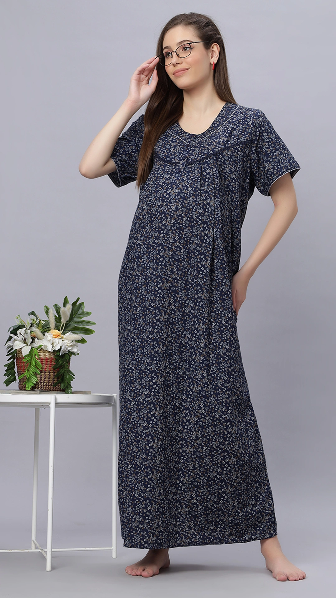 Sukanya Comfortable Women's Full Length Cotton Blend Half Sleeves Nighty, Blue, Coffee & Maroon, Soft and Elegant Print Sleepwear