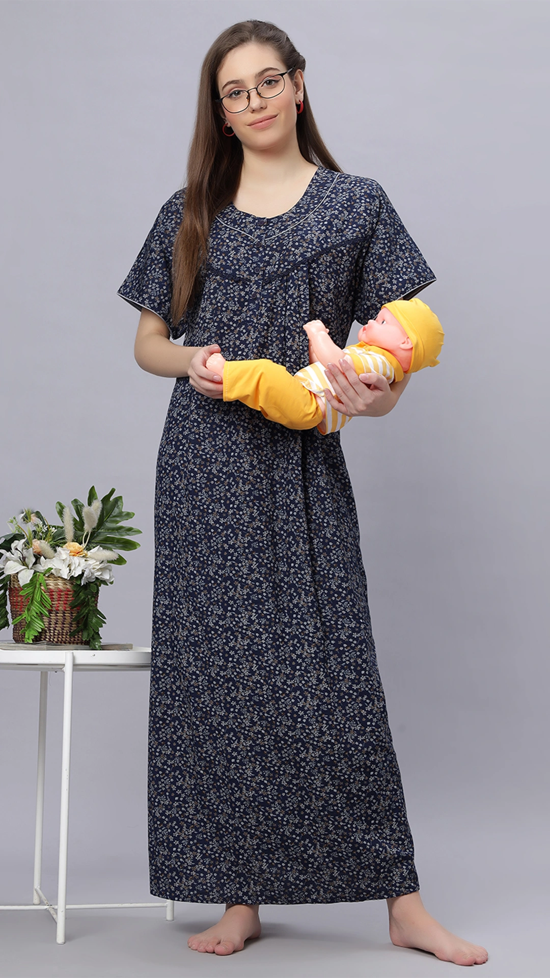 Sukanya Comfortable Women's Full Length Cotton Blend Half Sleeves Nighty, Blue, Coffee & Maroon, Soft and Elegant Print Sleepwear