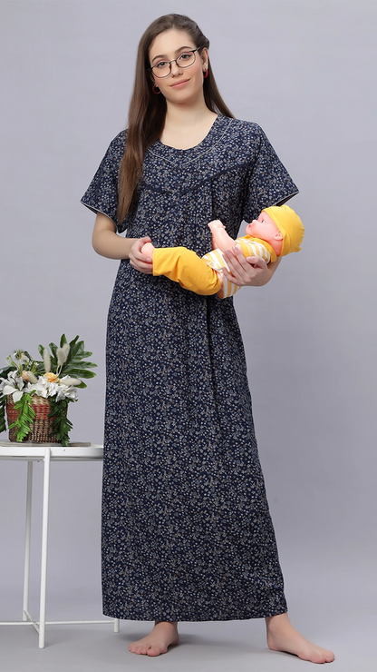 Sukanya Comfortable Women's Full Length Cotton Blend Half Sleeves Nighty, Blue, Coffee & Maroon, Soft and Elegant Print Sleepwear