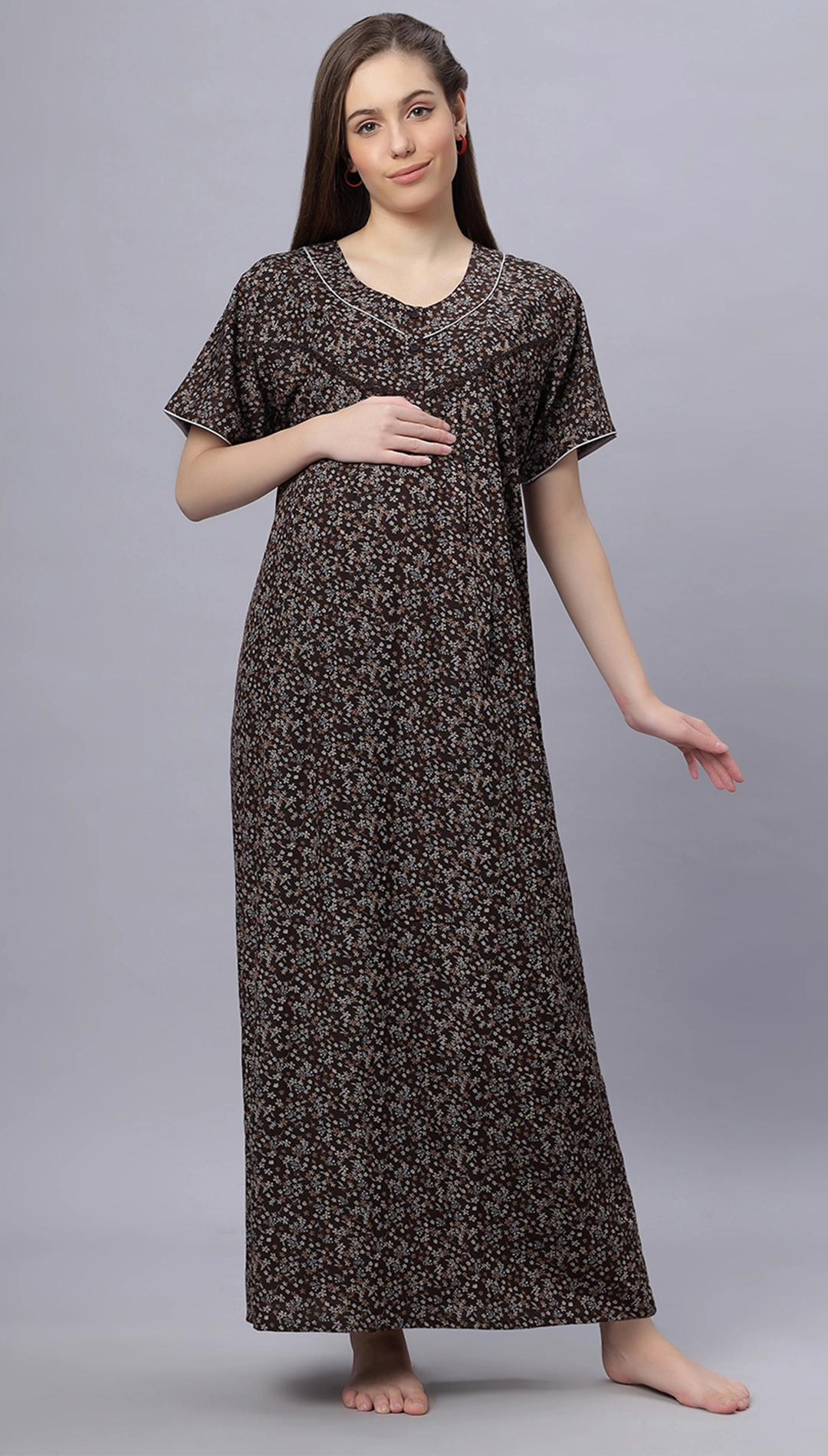 Sukanya Comfortable Women's Full Length Cotton Blend Half Sleeves Nighty, Blue, Coffee & Maroon, Soft and Elegant Print Sleepwear