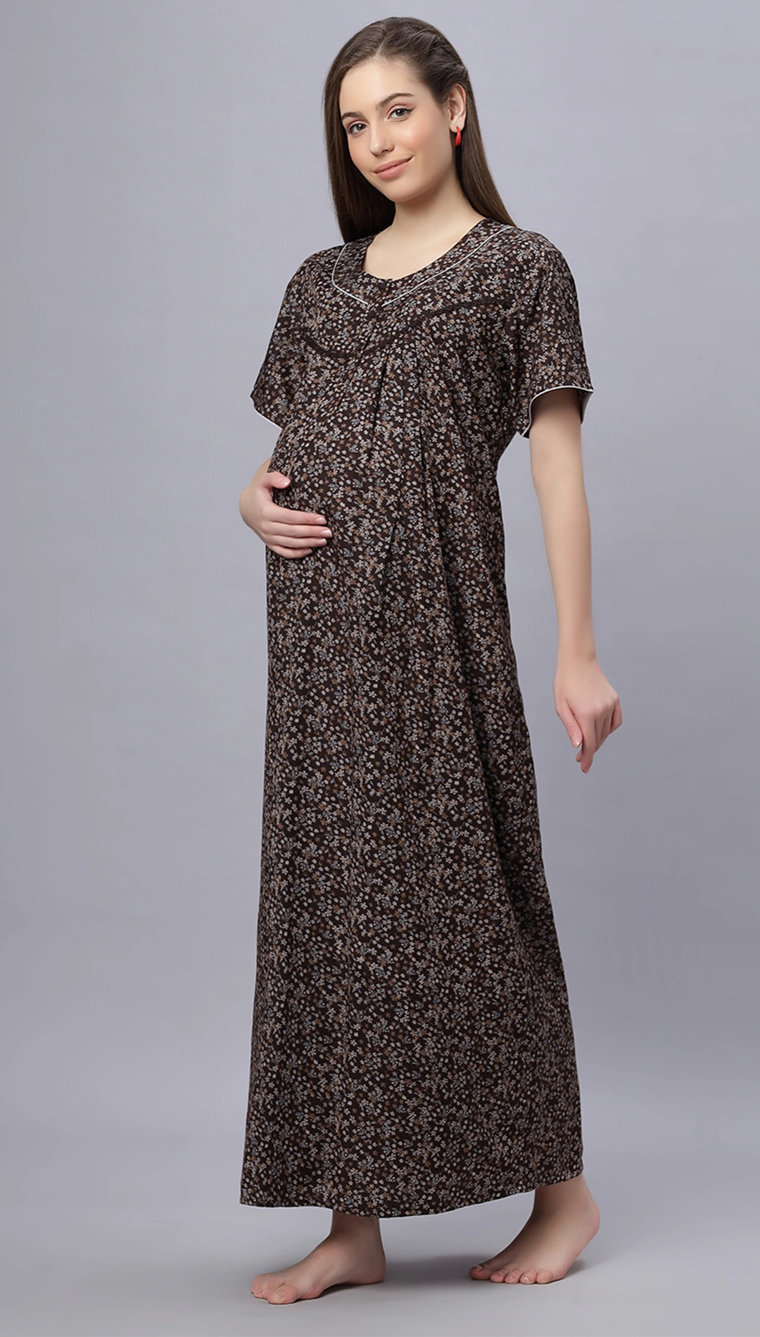 Sukanya Comfortable Women's Full Length Cotton Blend Half Sleeves Nighty, Blue, Coffee & Maroon, Soft and Elegant Print Sleepwear