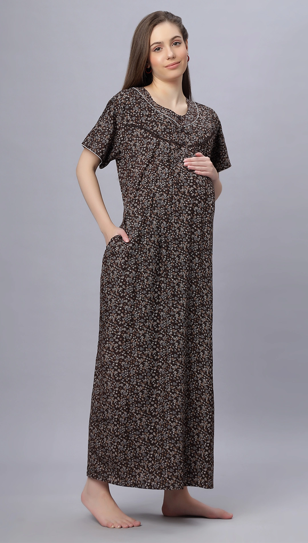 Sukanya Comfortable Women's Full Length Cotton Blend Half Sleeves Nighty, Blue, Coffee & Maroon, Soft and Elegant Print Sleepwear