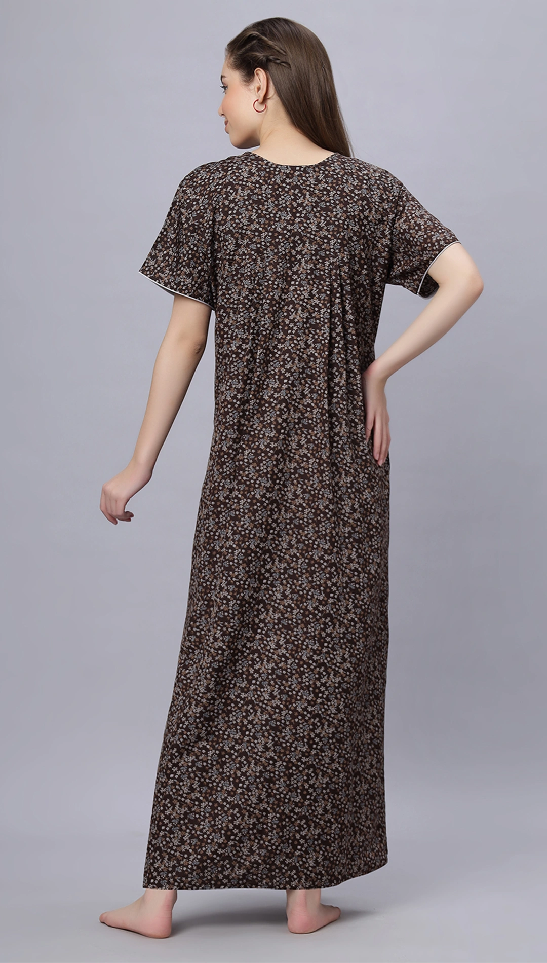 Sukanya Comfortable Women's Full Length Cotton Blend Half Sleeves Nighty, Blue, Coffee & Maroon, Soft and Elegant Print Sleepwear