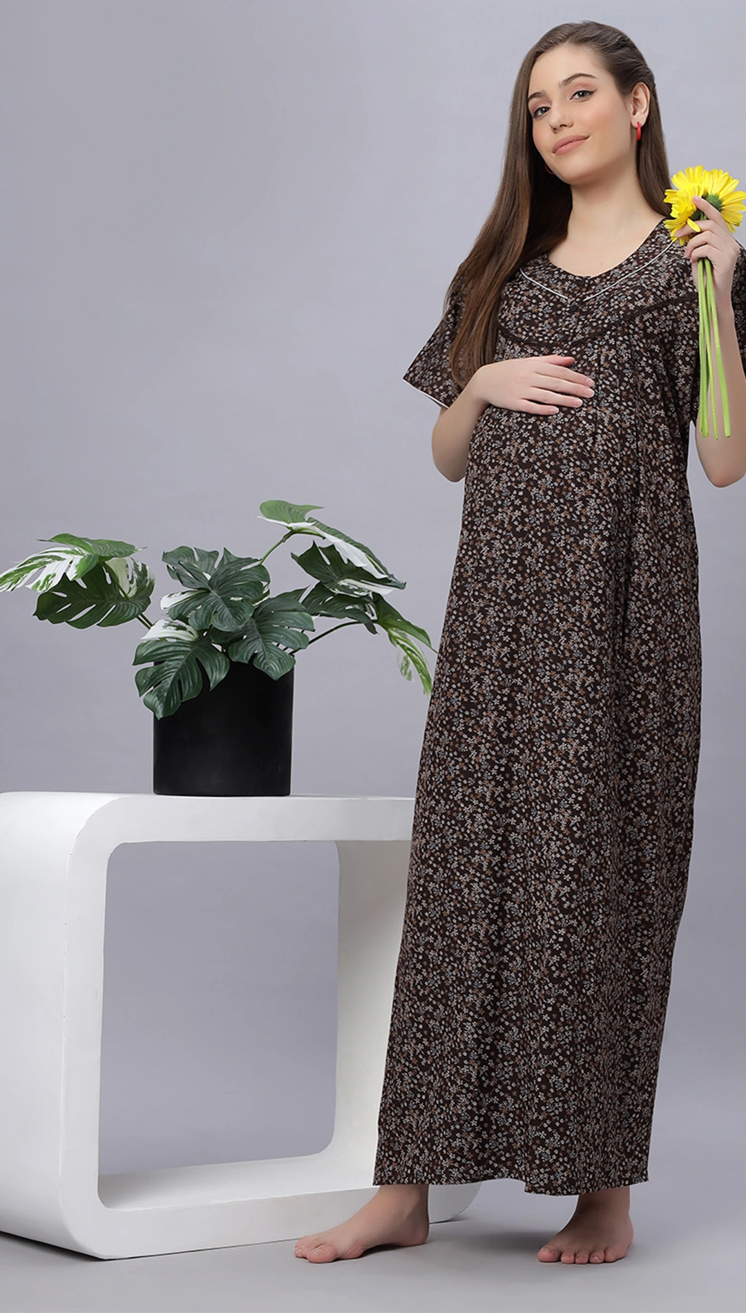 Sukanya Comfortable Women's Full Length Cotton Blend Half Sleeves Nighty, Blue, Coffee & Maroon, Soft and Elegant Print Sleepwear