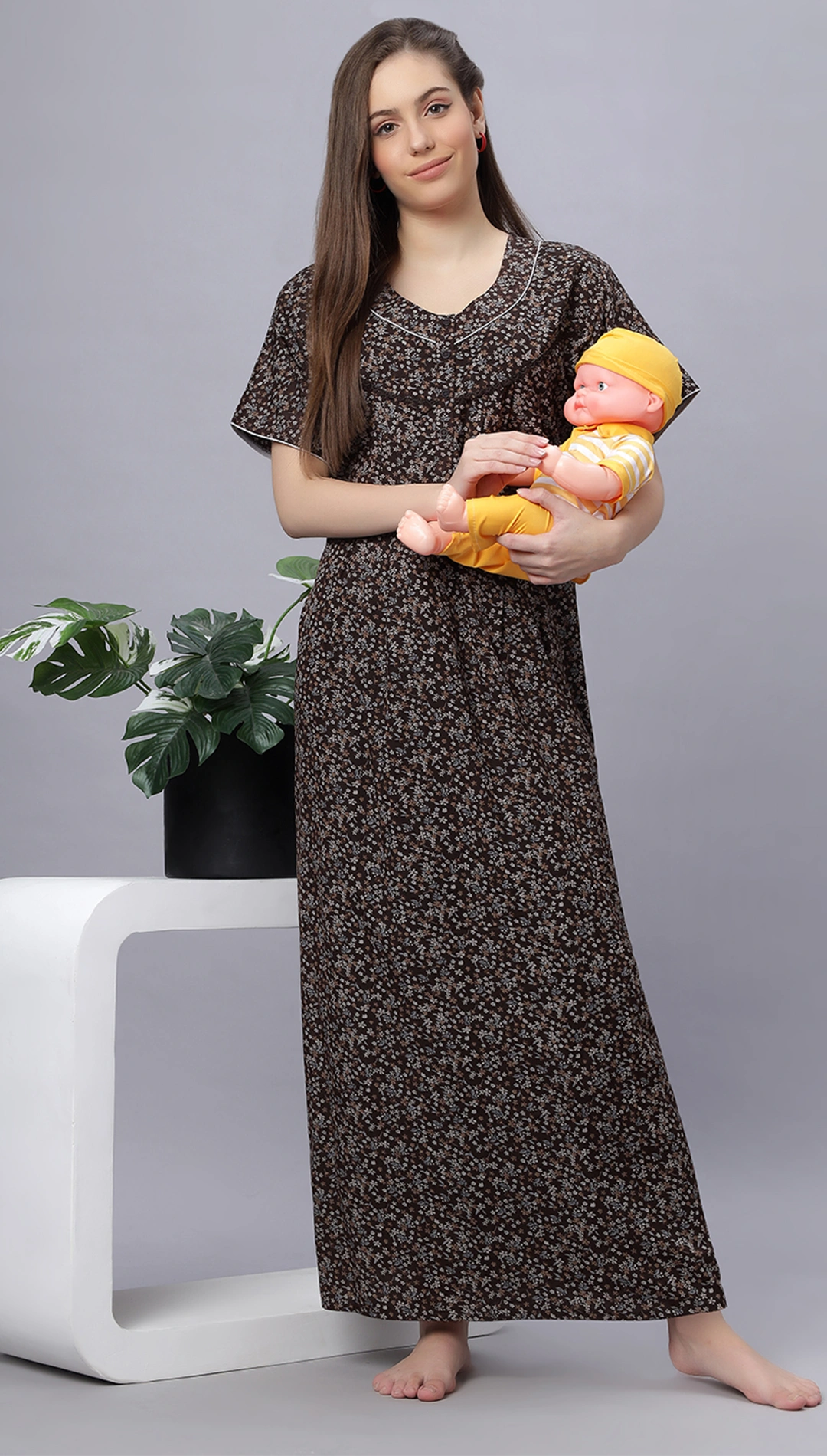 Sukanya Comfortable Women's Full Length Cotton Blend Half Sleeves Nighty, Blue, Coffee & Maroon, Soft and Elegant Print Sleepwear