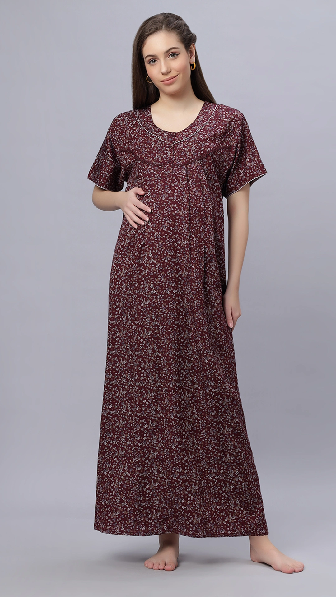 Sukanya Comfortable Women's Full Length Cotton Blend Half Sleeves Nighty, Blue, Coffee & Maroon, Soft and Elegant Print Sleepwear