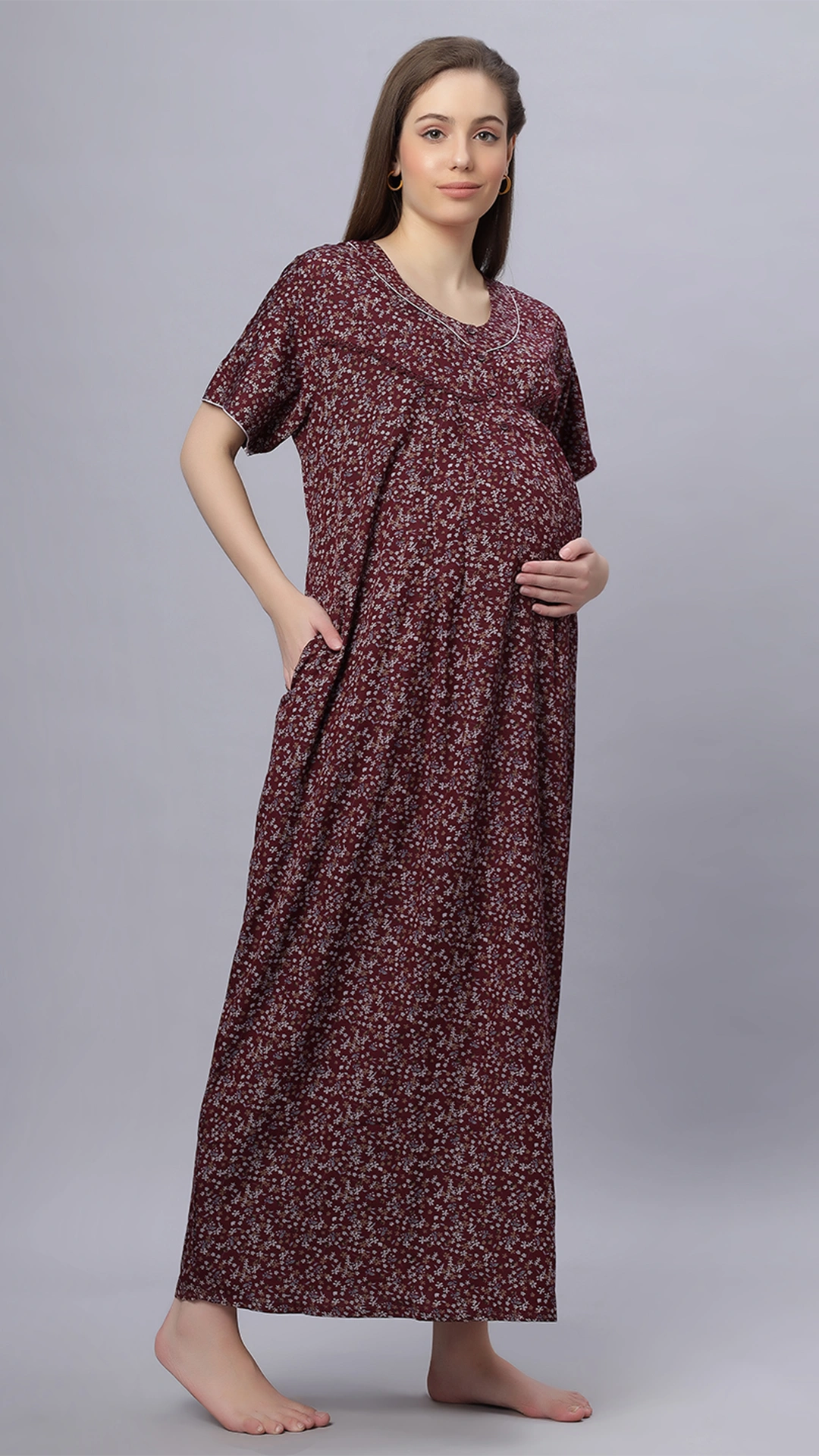 Sukanya Comfortable Women's Full Length Cotton Blend Half Sleeves Nighty, Blue, Coffee & Maroon, Soft and Elegant Print Sleepwear