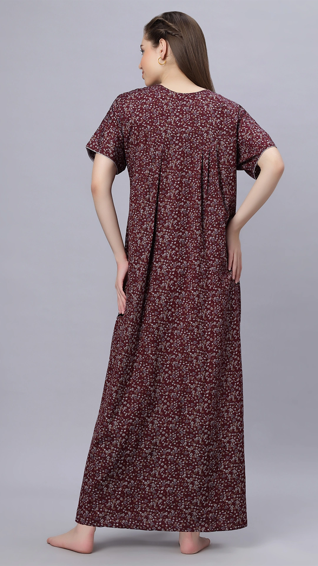 Sukanya Comfortable Women's Full Length Cotton Blend Half Sleeves Nighty, Blue, Coffee & Maroon, Soft and Elegant Print Sleepwear