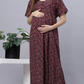 Sukanya Comfortable Women's Full Length Cotton Blend Half Sleeves Nighty, Blue, Coffee & Maroon, Soft and Elegant Print Sleepwear