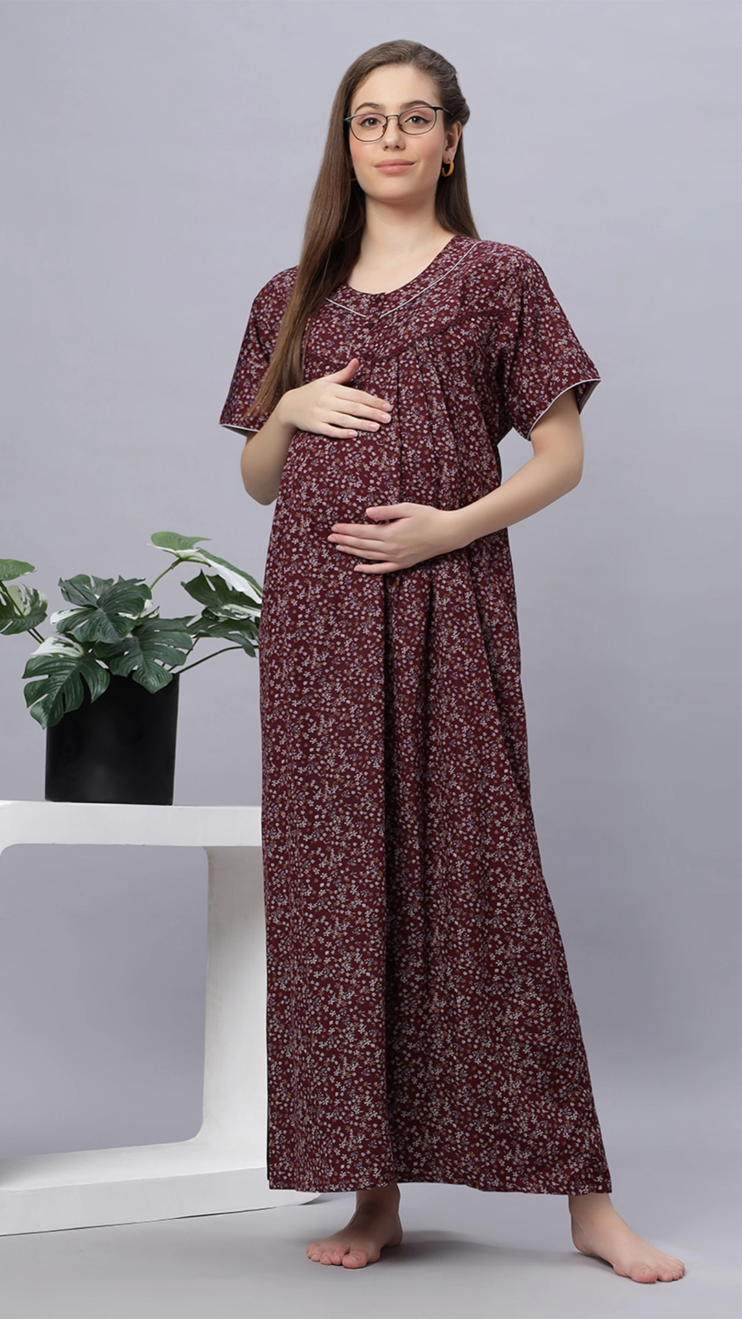 Sukanya Comfortable Women's Full Length Cotton Blend Half Sleeves Nighty, Blue, Coffee & Maroon, Soft and Elegant Print Sleepwear