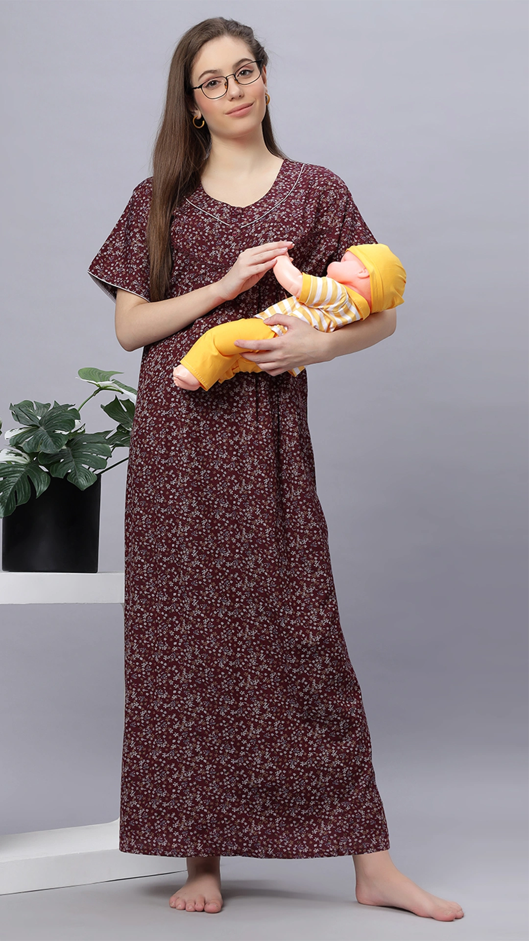 Sukanya Comfortable Women's Full Length Cotton Blend Half Sleeves Nighty, Blue, Coffee & Maroon, Soft and Elegant Print Sleepwear