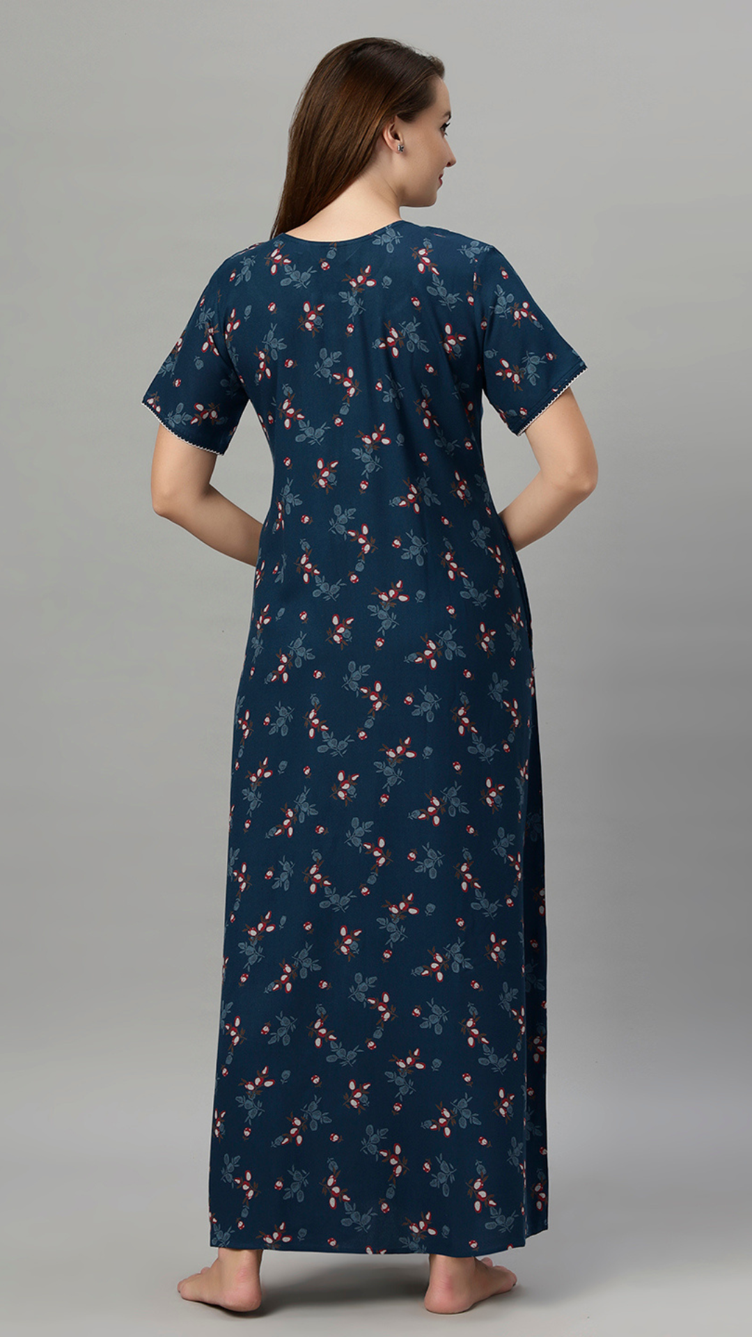 Sukanya Women's Leaf Print Lounge Wear Gown -VISCOSE POLYSTER, Regular Fit, Half Sleeves, Round Neck